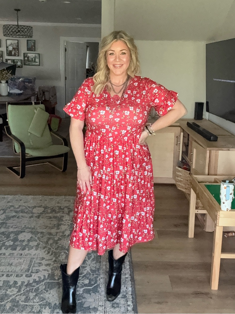 Red Floral Midi Dress - Women